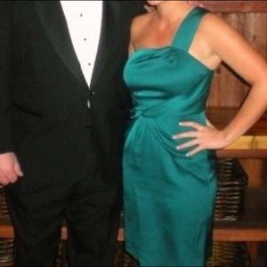 Beautiful one shoulder emerald green silky dress